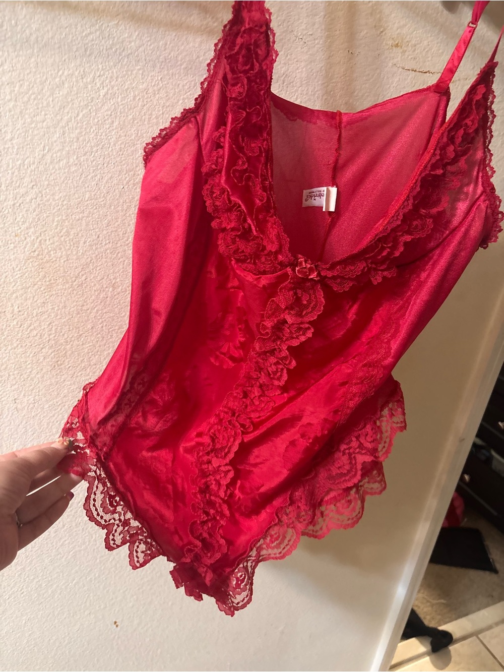 Vintage Fredrick’s Red Lace Trim Satin Bodysuit